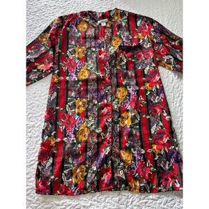 Dona L Red Floral Print Tunic Length Silky Sleepwear Blouse size large
